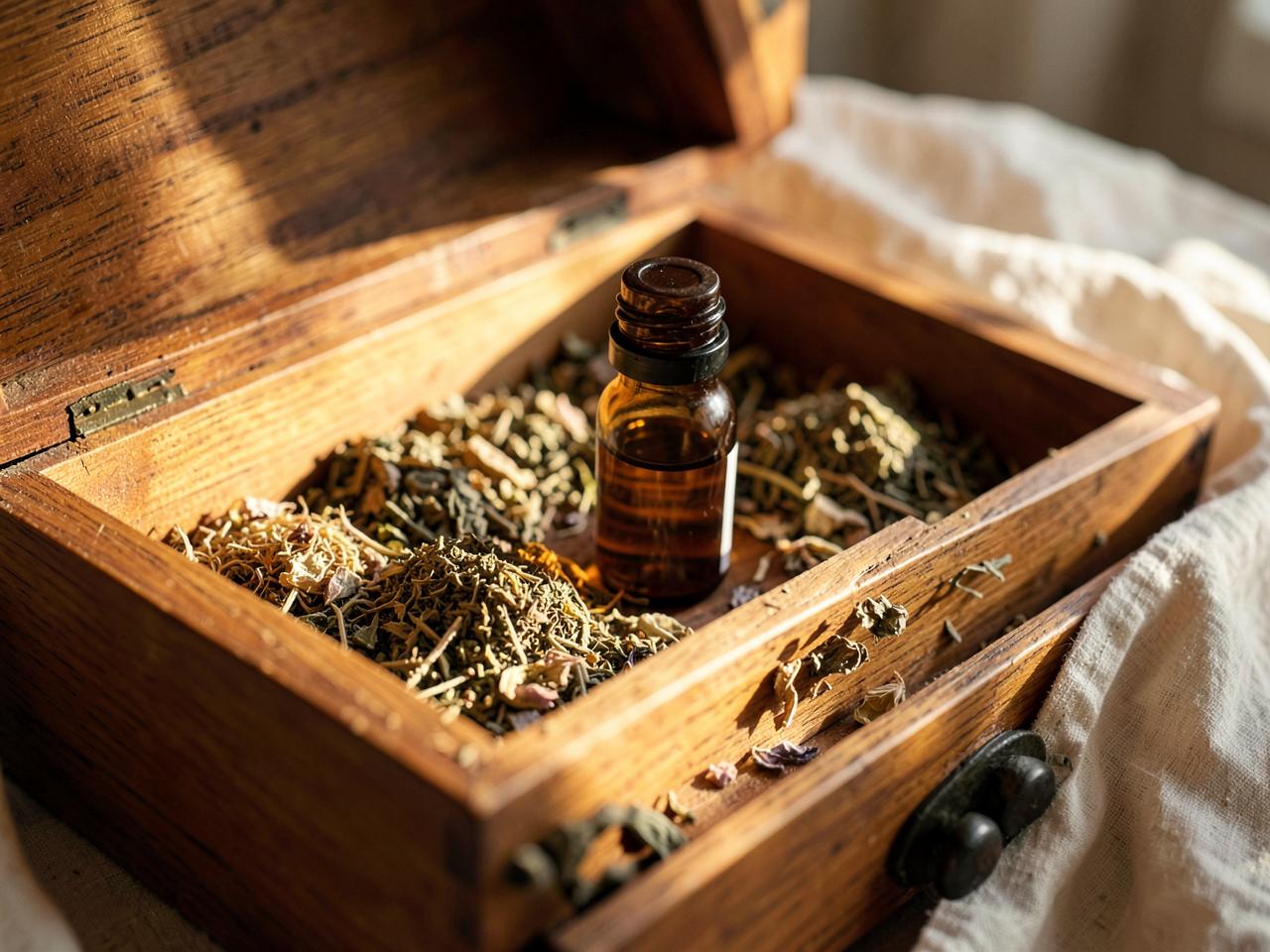 Morning light on a wooden apothecary drawer of dried herbs and a glass tincture